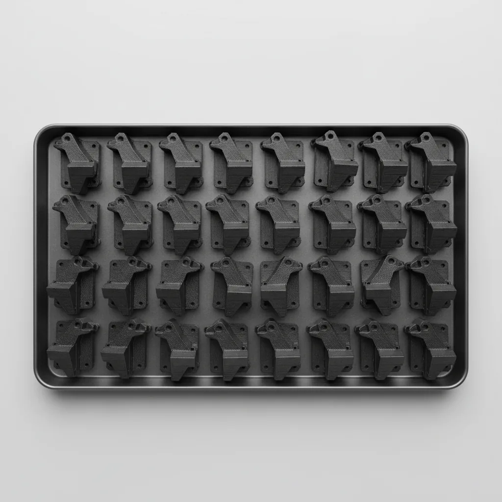 A neat tray of identical matt-black 3D-printed PLA-CF parts