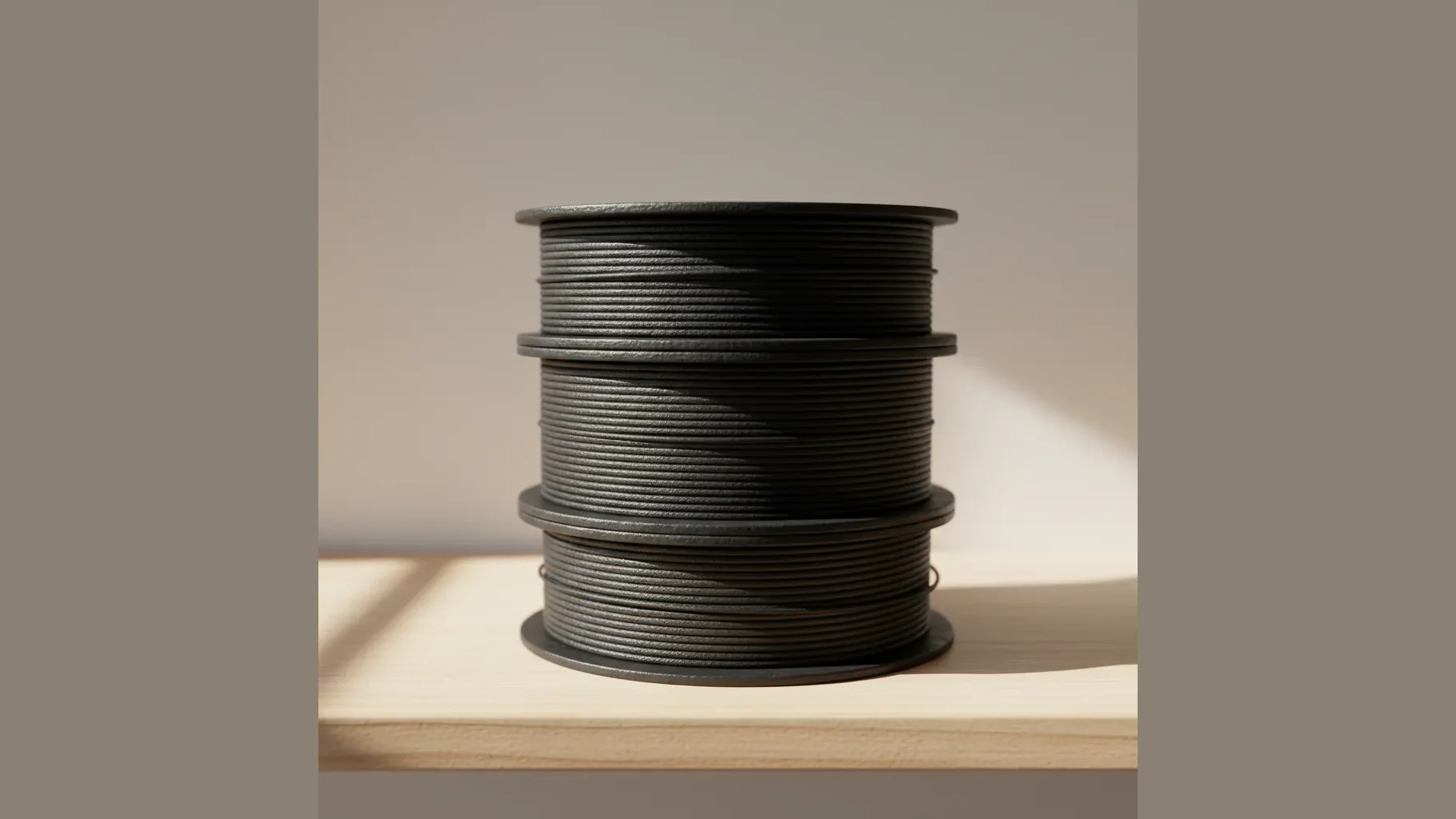 A stack of matt-black carbon-fibre PLA filament spools on a shelf