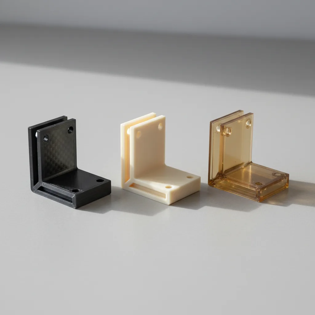 Three identical 3D-printed brackets to compare PLA-CF