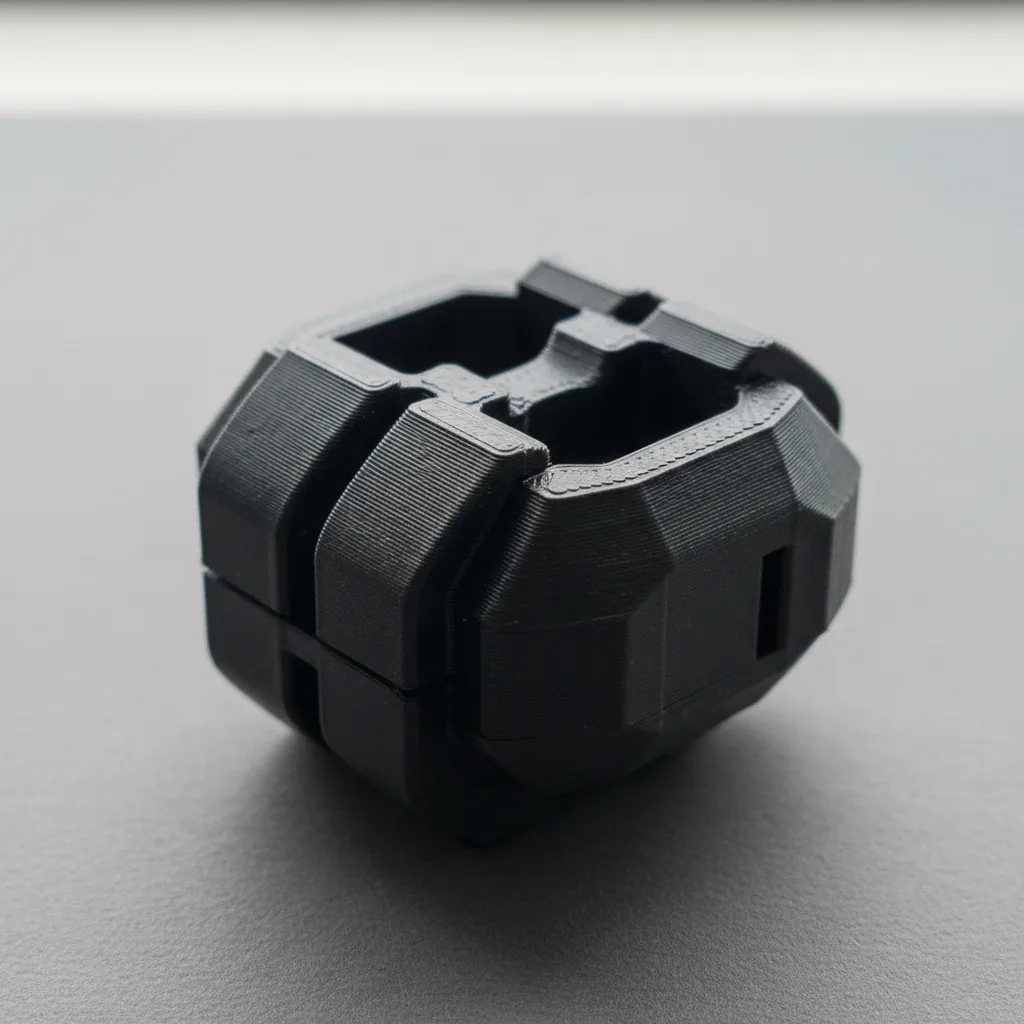 A single matt-black 3D-printed PLA-CF part with crisp detail