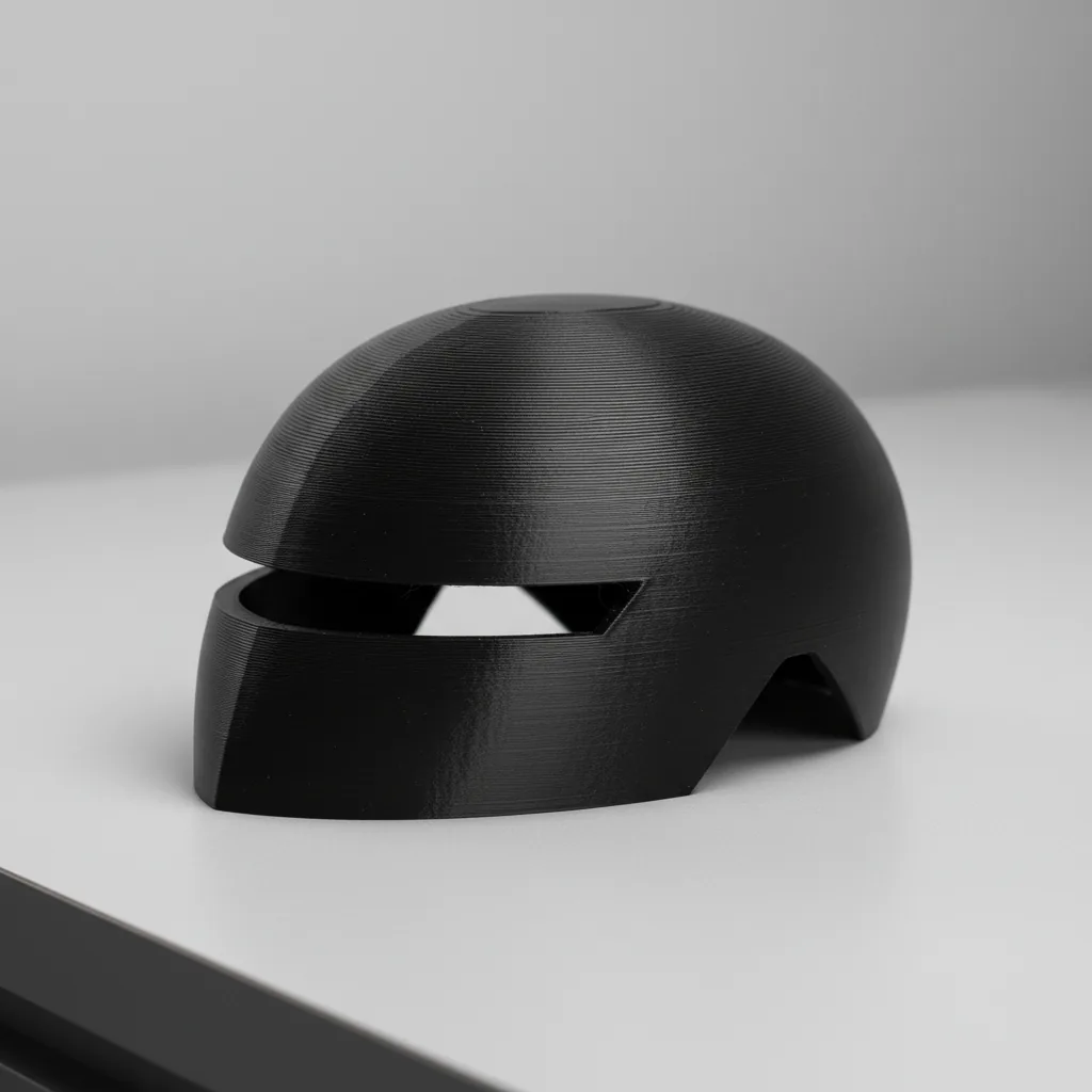A matt-black 3D-printed PLA-CF cosplay helmet panel