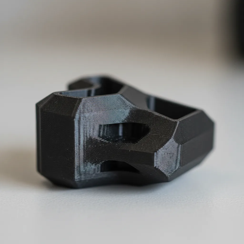 Macro photo of a matt-black aesthetic-grade 3D-printed PLA-CF carbon-fibre PLA design part