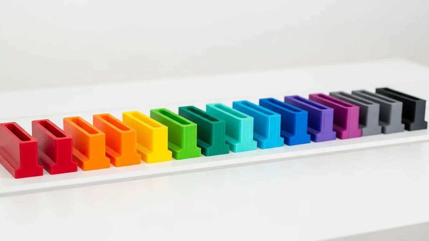 The same PLA part 3D-printed in a range of colours