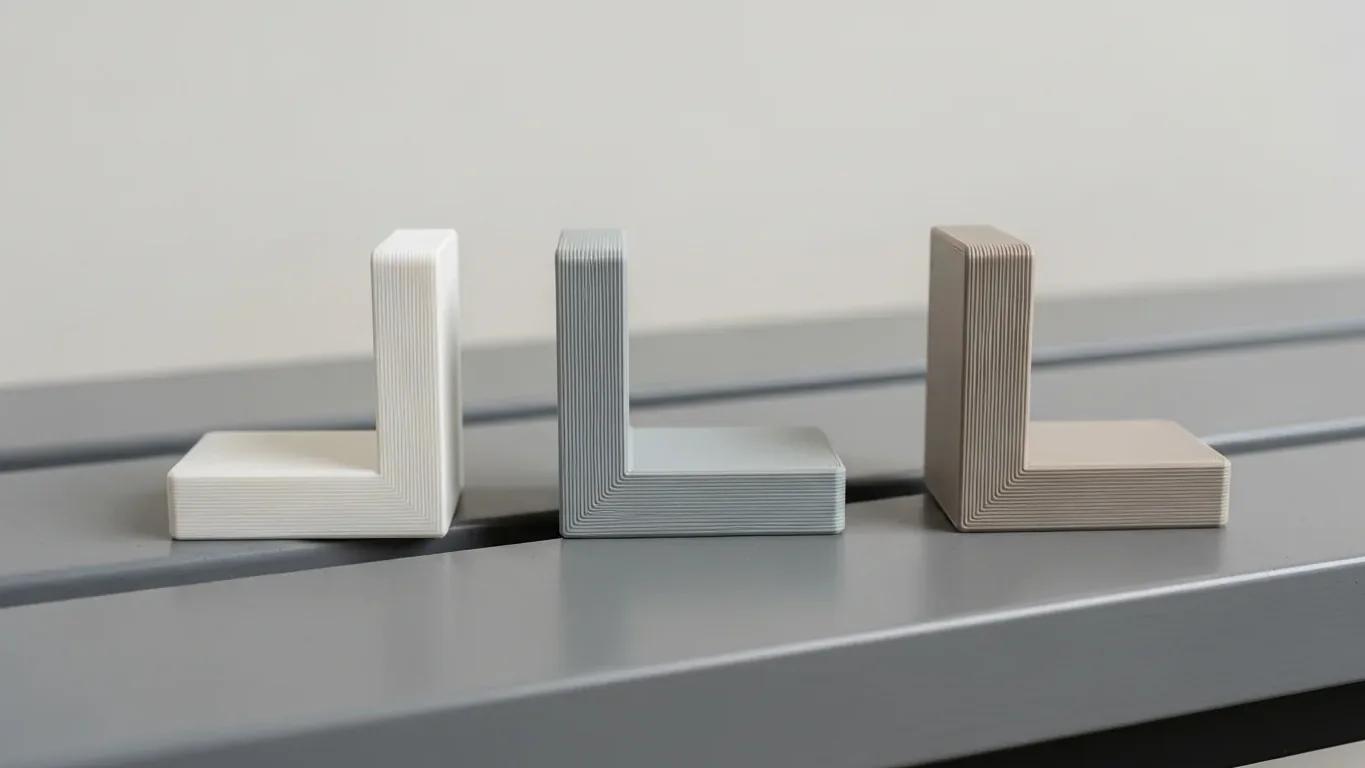 Three identical brackets printed to compare PLA, PETG and ABS