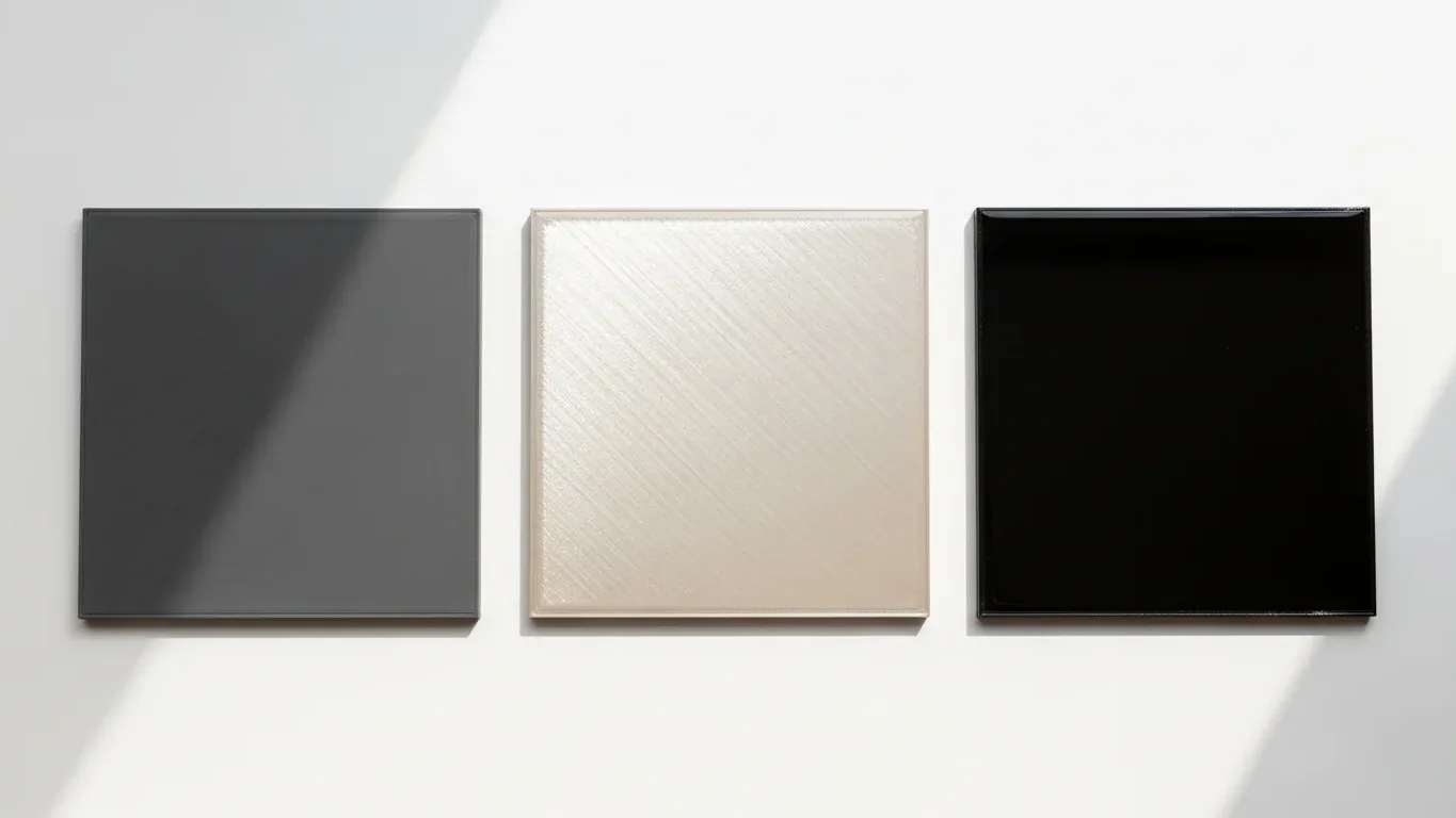 PLA sample tiles showing matte, satin and gloss finishes