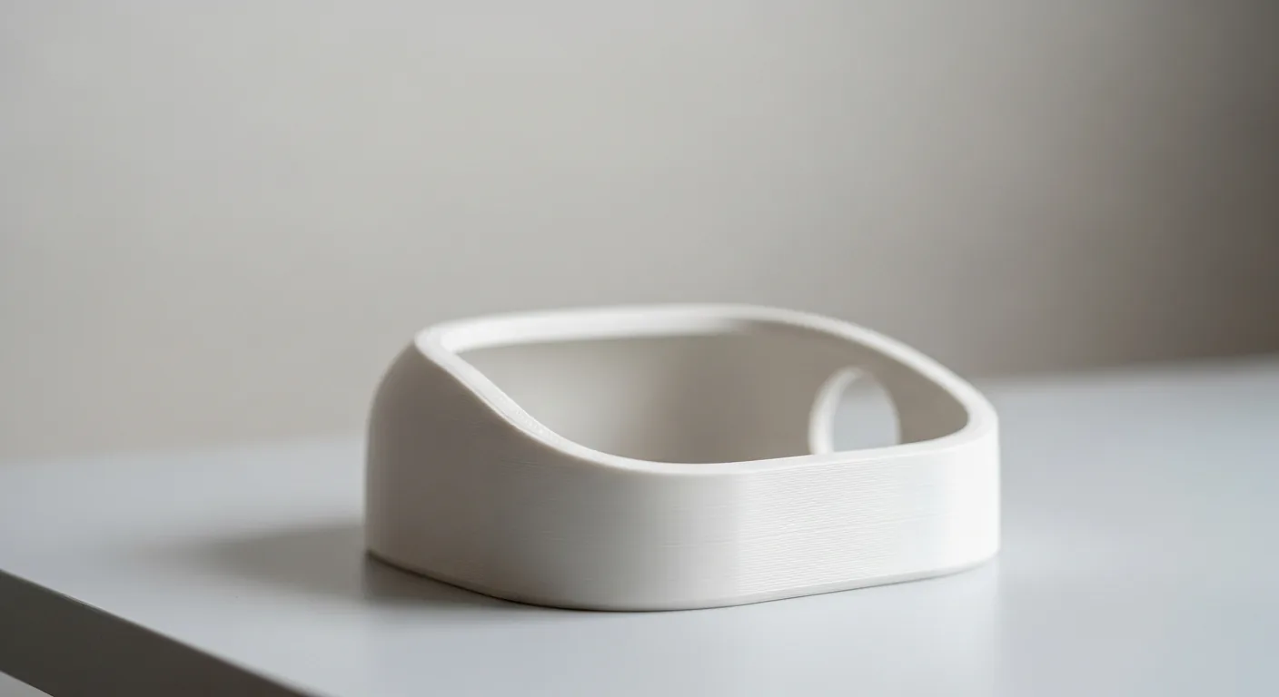 Macro photo of a smooth matte-white 3D-printed PLA cosmetic prototype showing its clean finish