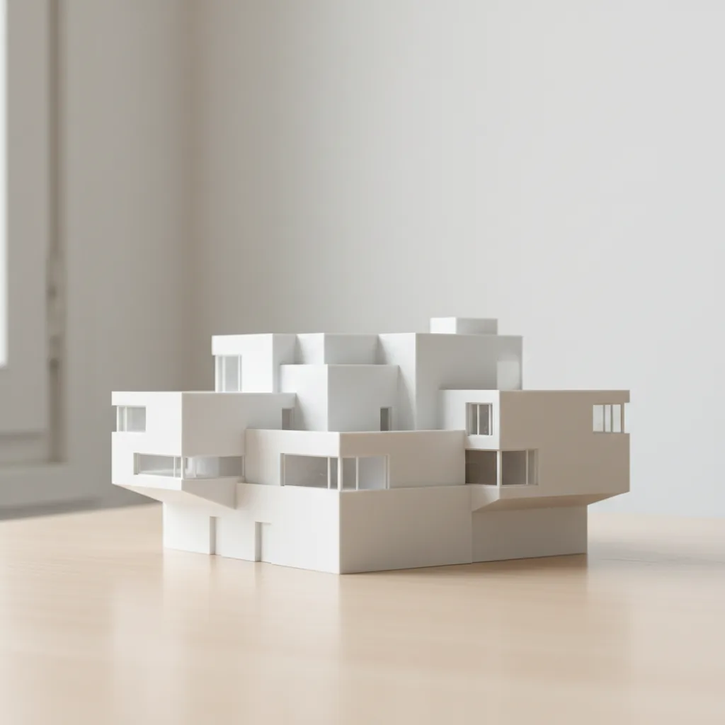 A 3D-printed white PLA-Matte architectural scale model with a flat matte finish