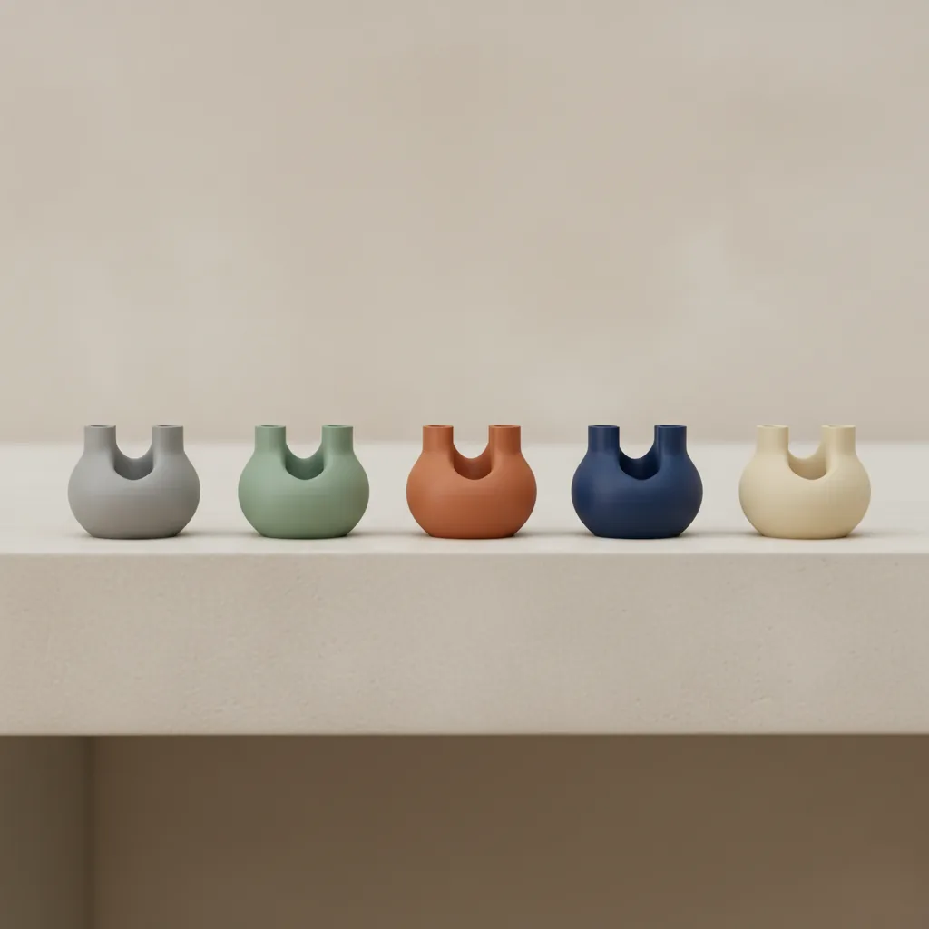 The same small PLA-Matte part 3D-printed in muted matte colours (grey