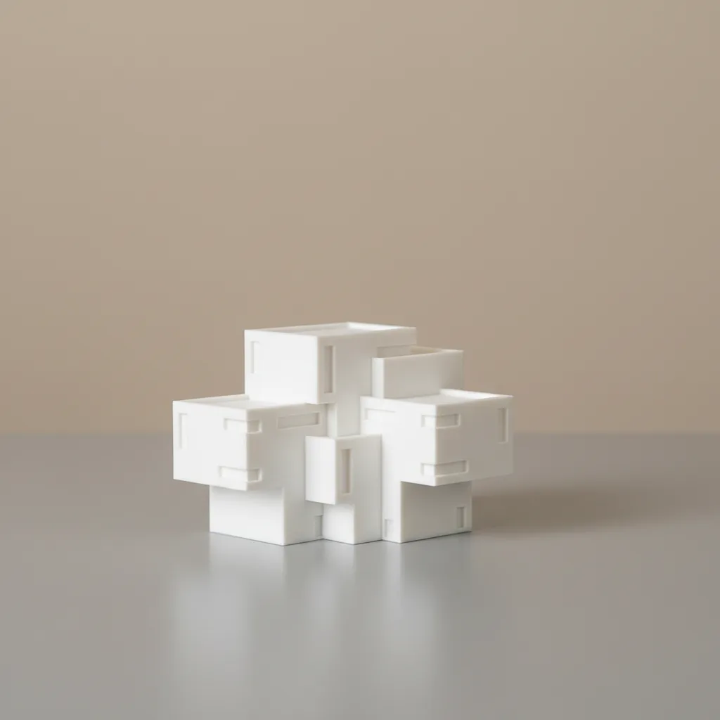 A 3D-printed matte white PLA-Matte architectural massing model on a desk with a flat finish