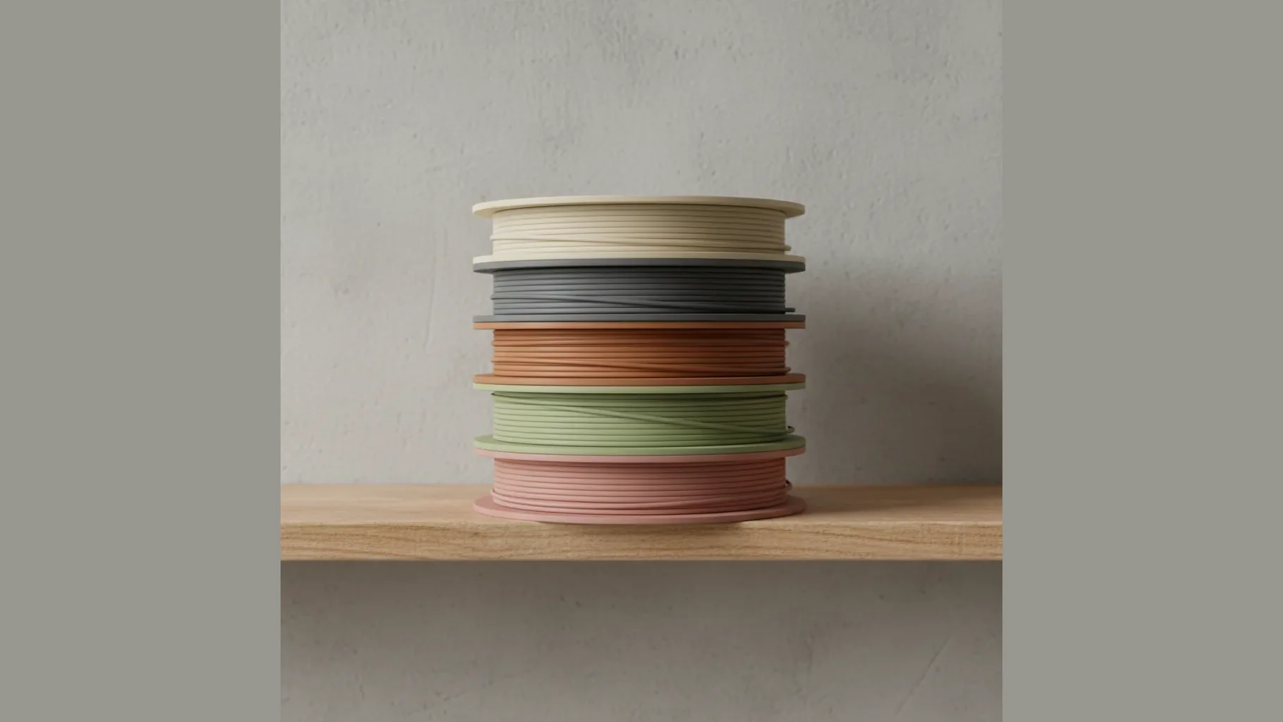A stack of matte PLA filament spools in muted colours on a shelf