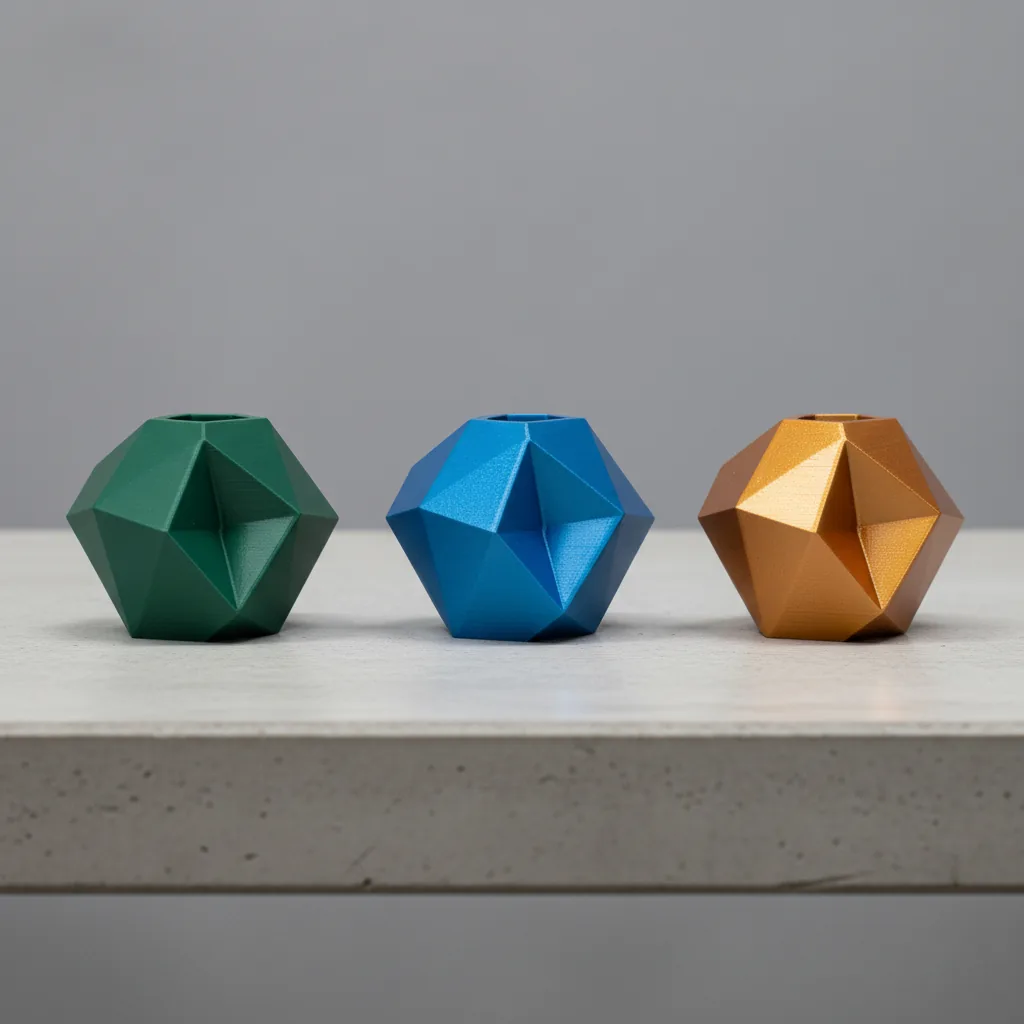 Three identical 3D-printed parts comparing PLA-Matte