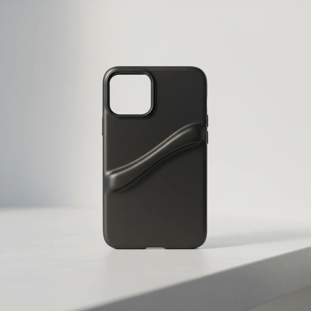 A 3D-printed black PLA+ custom phone case with a satin opaque finish