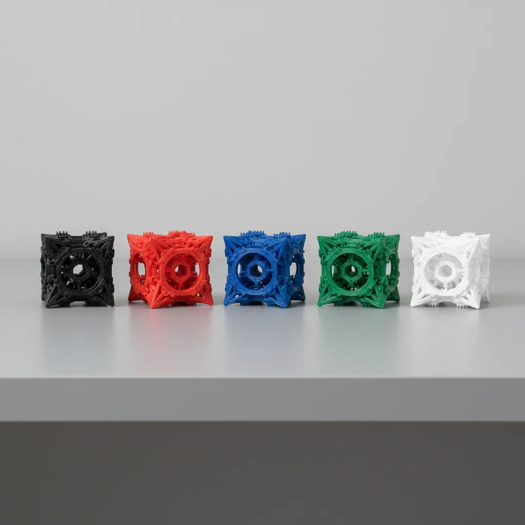 The same small PLA+ part 3D-printed in a row of colours (black