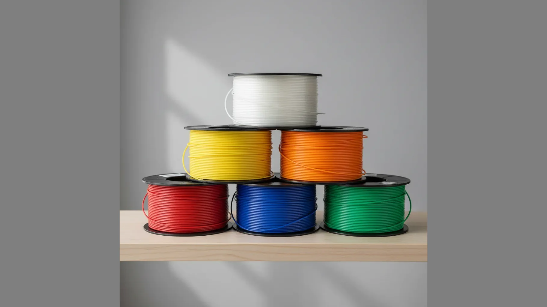 A stack of PLA+ filament spools in several colours on a shelf