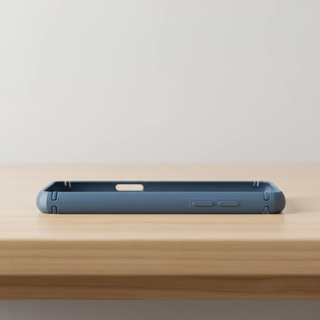 A 3D-printed PLA+ phone case showing snap-fit edges