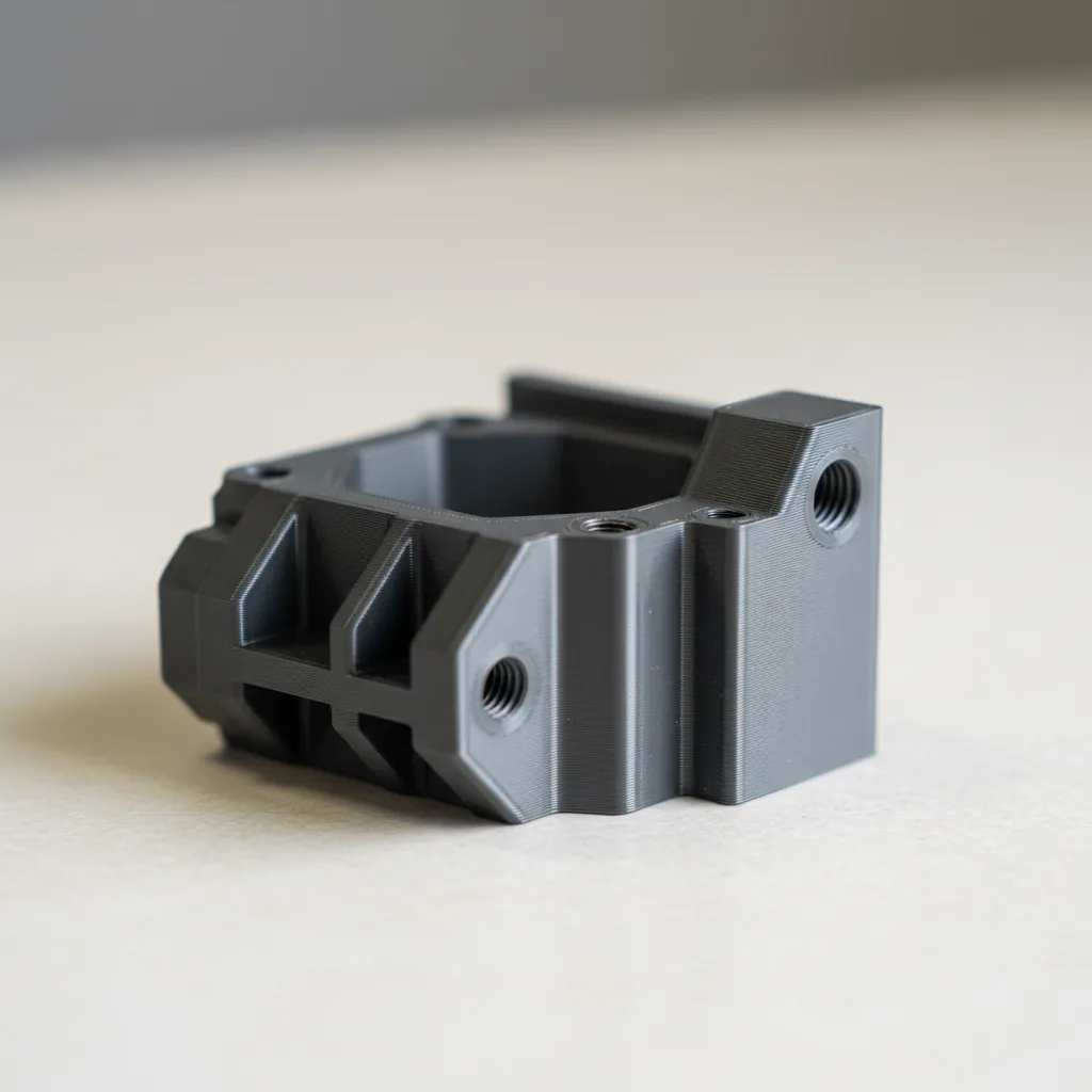Macro photo of a tough 3D-printed PLA+ part (impact-modified PLA) with a smooth satin opaque finish and visible layer lines on a clean bench