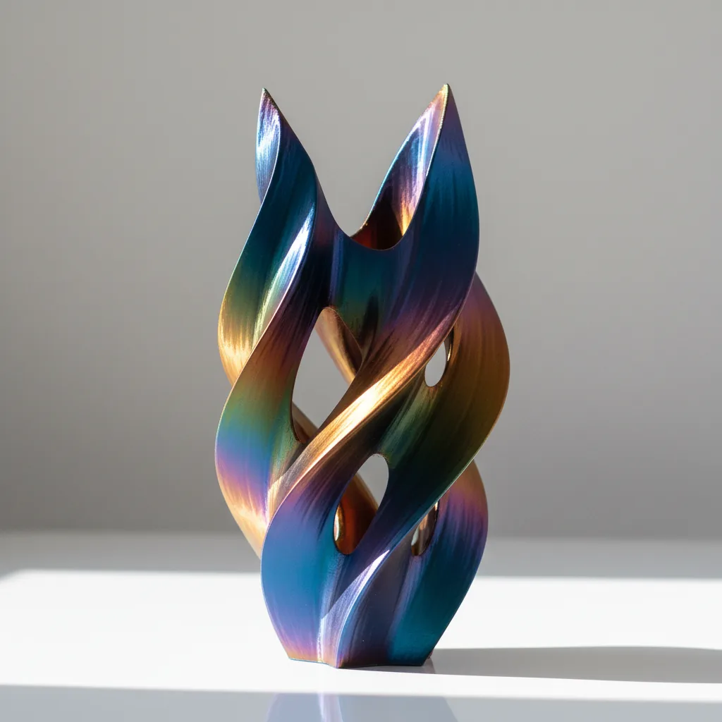 A 3D-printed glossy iridescent PLA-Silk decorative vase and sculpture with a silk-sheen finish
