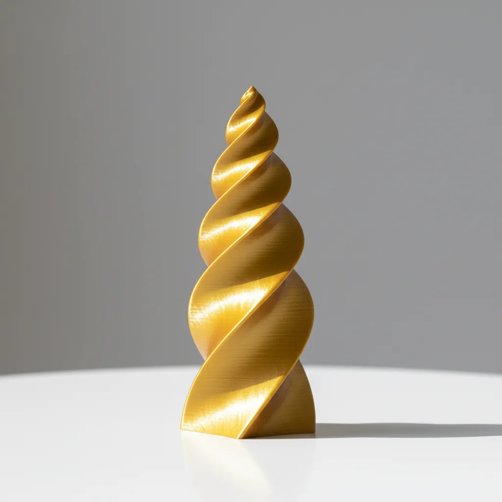 A 3D-printed glossy gold PLA-Silk commemorative award trophy with a silk-sheen finish