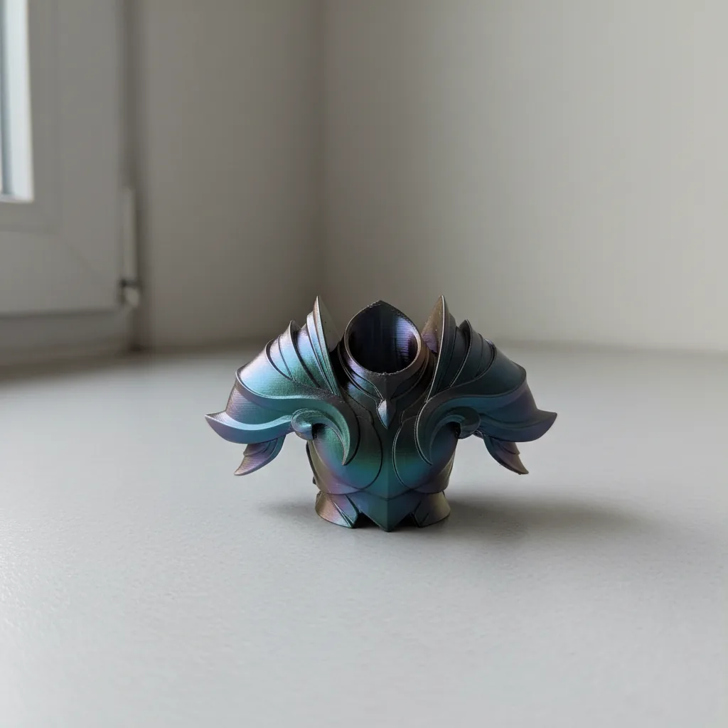 A 3D-printed glossy iridescent PLA-Silk showpiece cosplay miniature with a silk-sheen finish