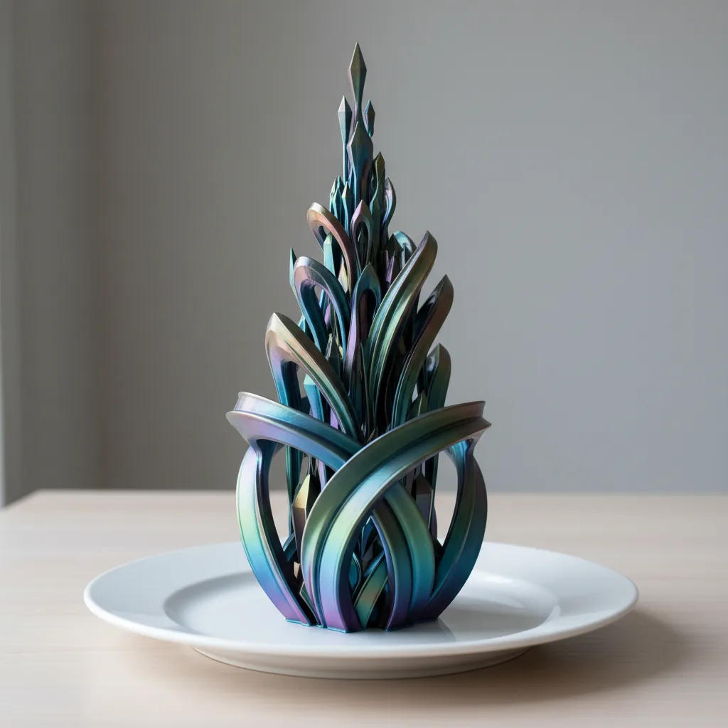 A 3D-printed glossy PLA-Silk wedding centrepiece decoration with an iridescent silk finish