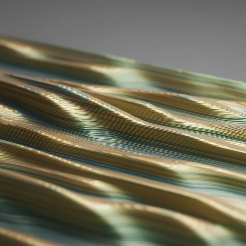 Extreme macro of a 3D-printed PLA-Silk surface: glossy iridescent silk sheen catching the light