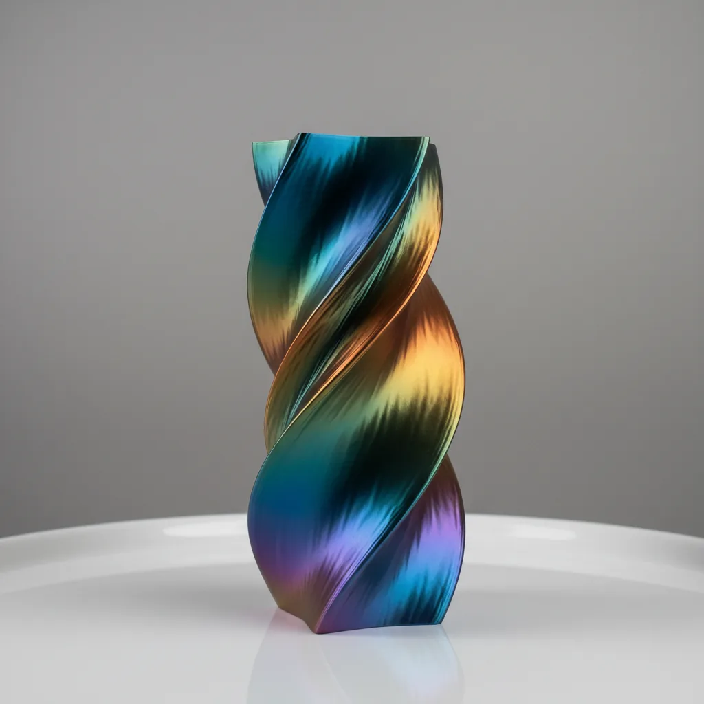 A 3D-printed glossy iridescent PLA-Silk vase showpiece with a silk sheen