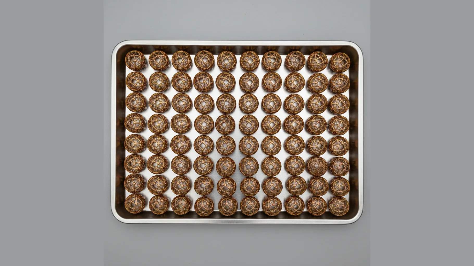 A neat tray of identical glossy PLA-Silk decorative parts