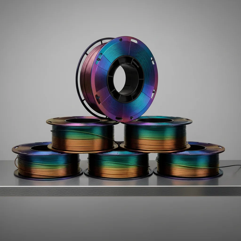 A stack of glossy silk PLA filament spools in iridescent colours on a shelf