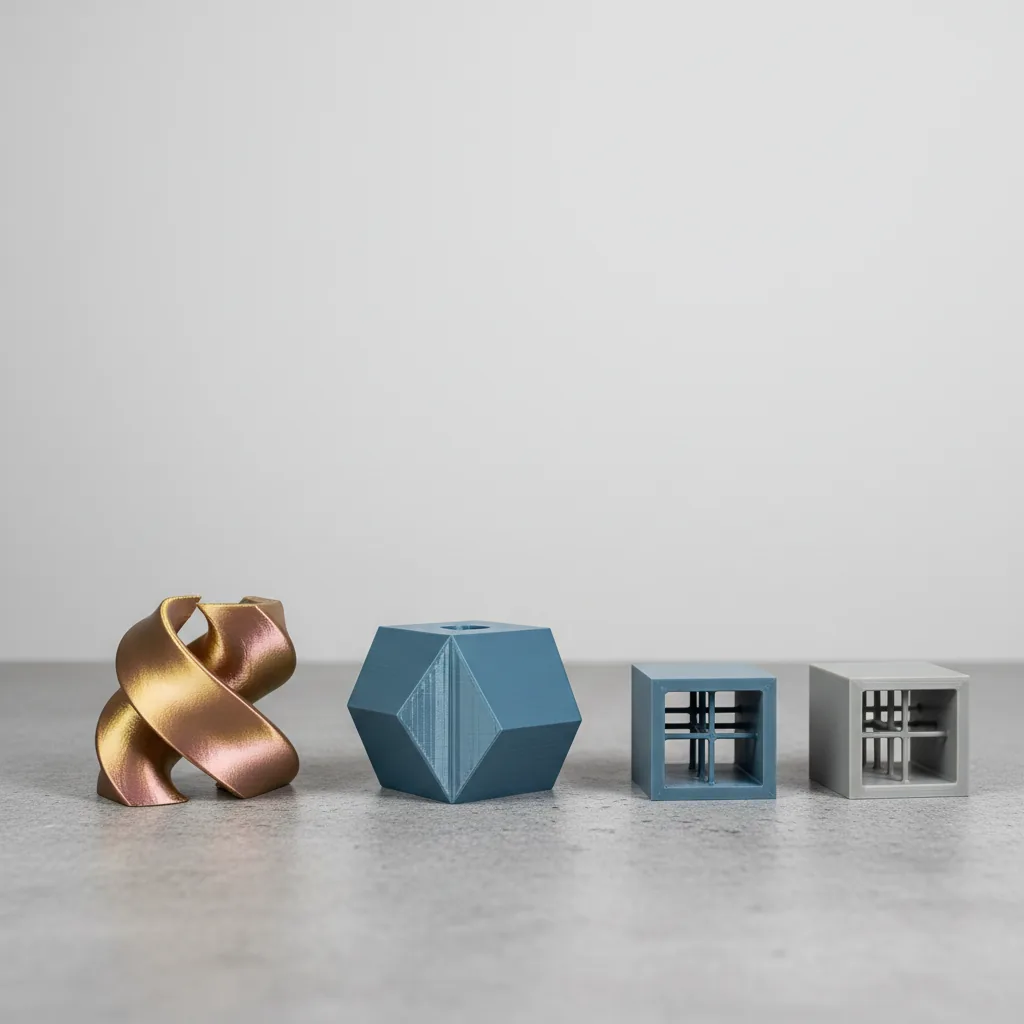Three 3D-printed parts comparing PLA-Silk