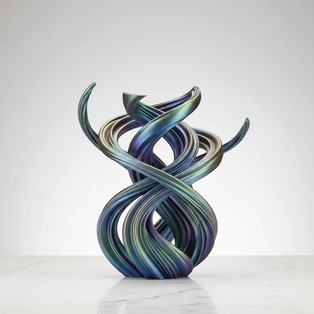 A 3D-printed glossy iridescent PLA-Silk event centrepiece on a clean surface