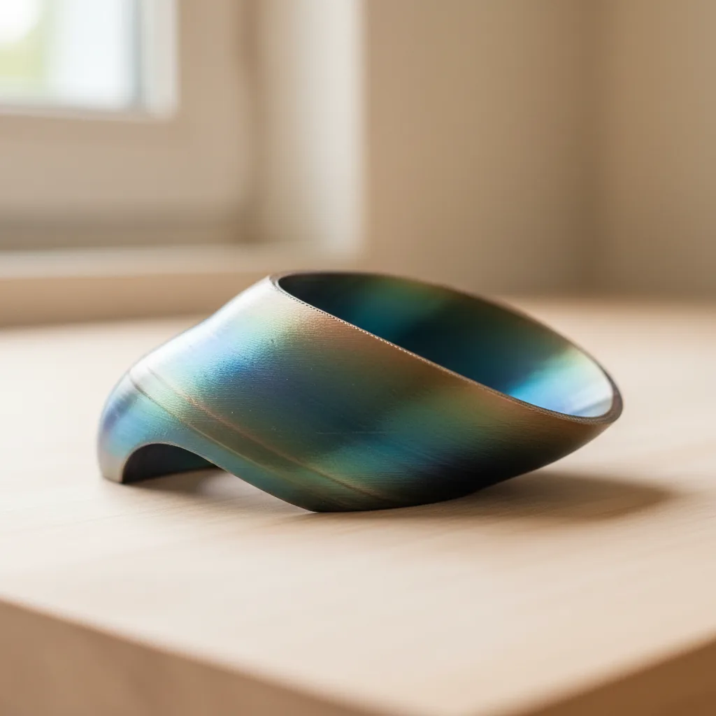 Macro photo of a 3D-printed PLA-Silk part with a glossy iridescent silk-sheen finish catching the light
