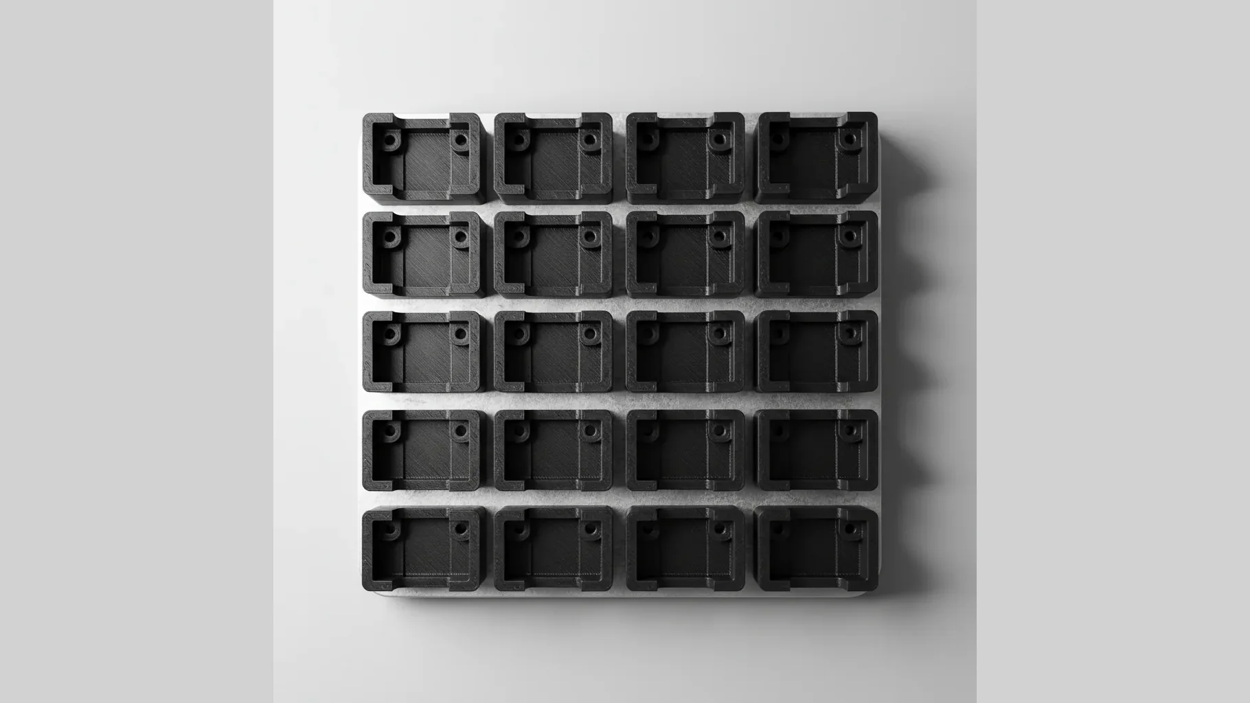 A neat tray of identical 3D-printed PPS-CF brackets