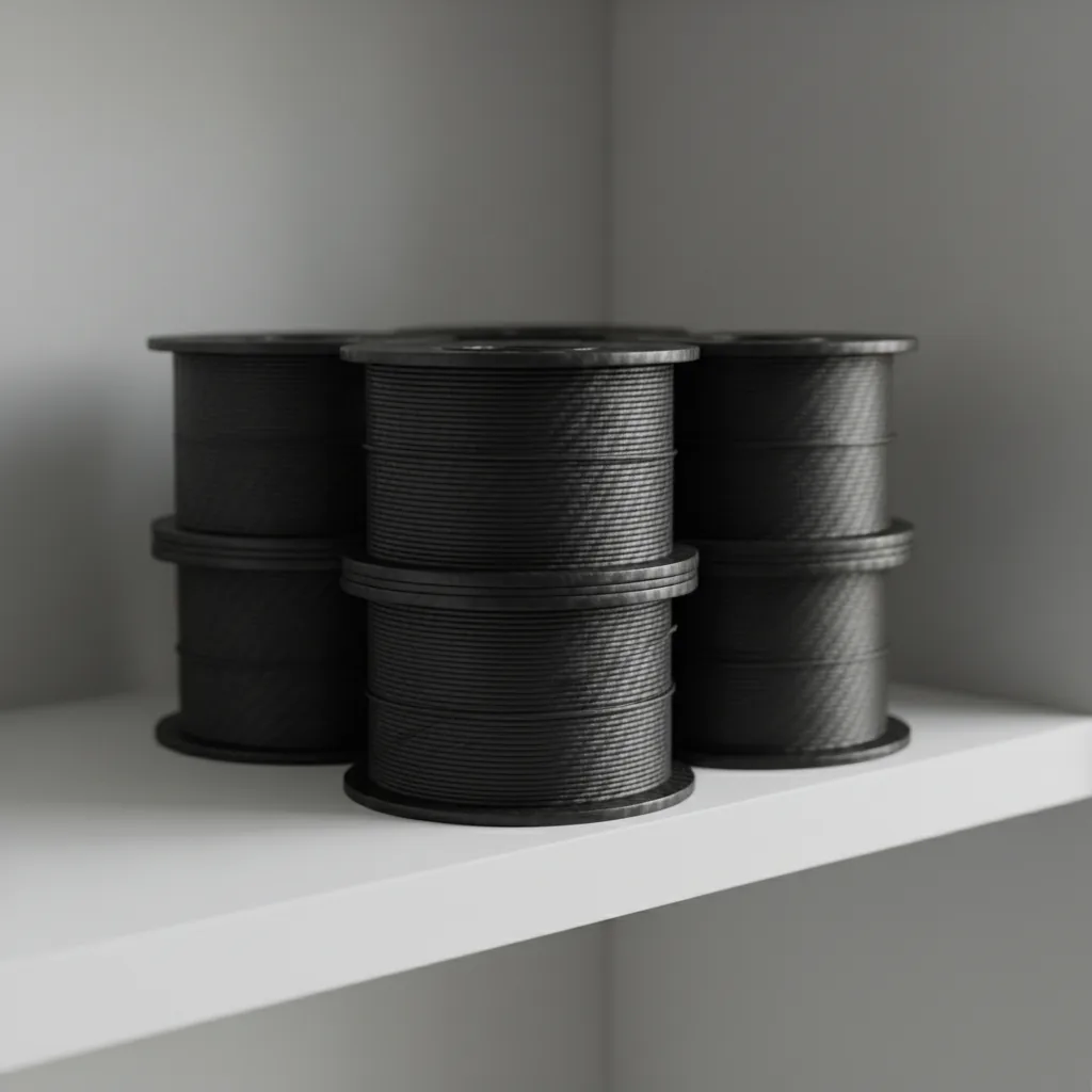 A stack of black carbon-fibre PPS composite filament spools on a shelf