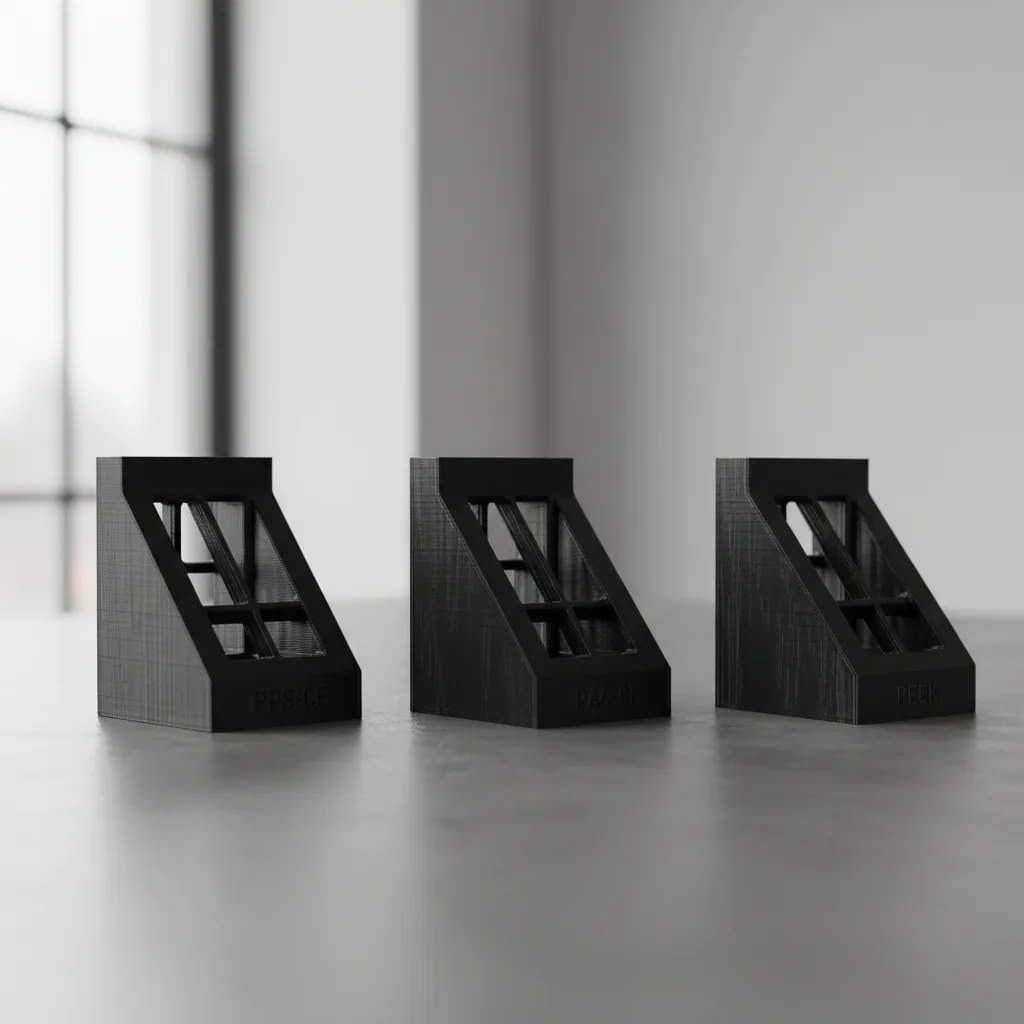 Three identical 3D-printed brackets to compare PPS-CF