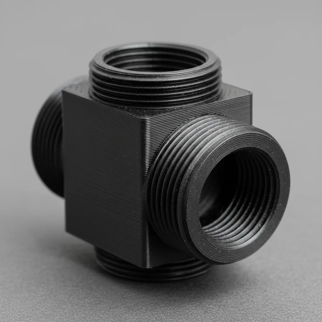 A single 3D-printed PPS-CF chemical-resistant fluid fitting with threaded ports