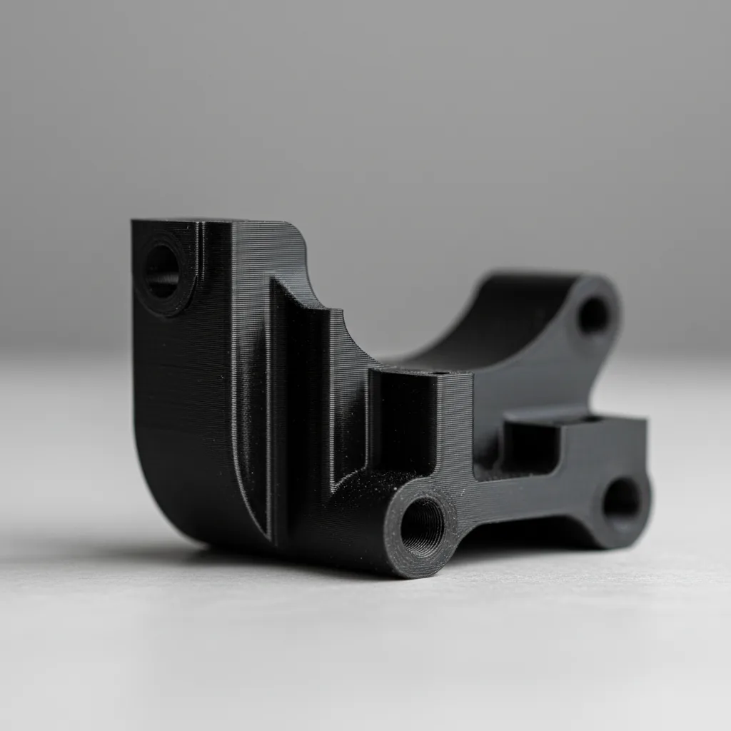 Macro photo of a 3D-printed PPS-CF carbon-fibre PPS composite engineering bracket