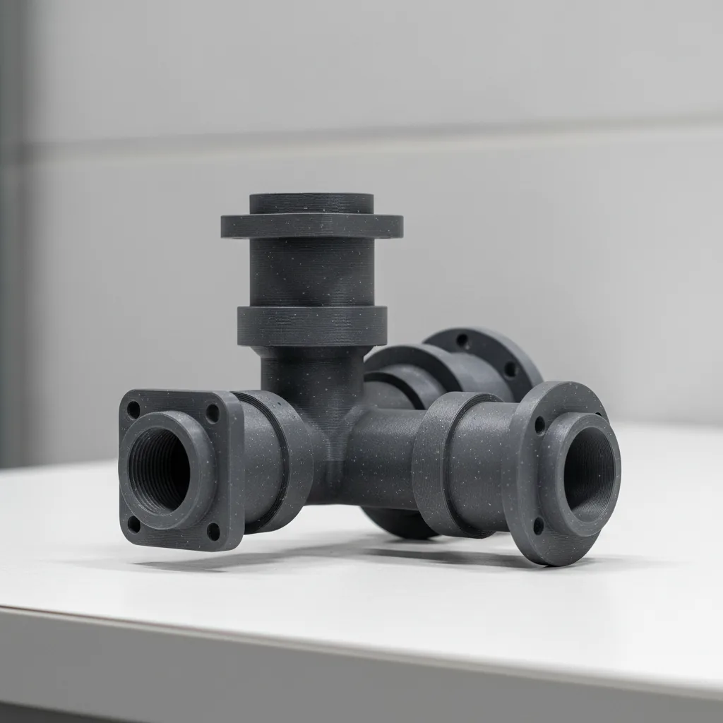 A 3D-printed grey PPS-GF aerospace fluid-handling fitting