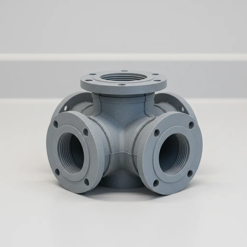A 3D-printed grey PPS-GF chemical-plant pipe fitting component