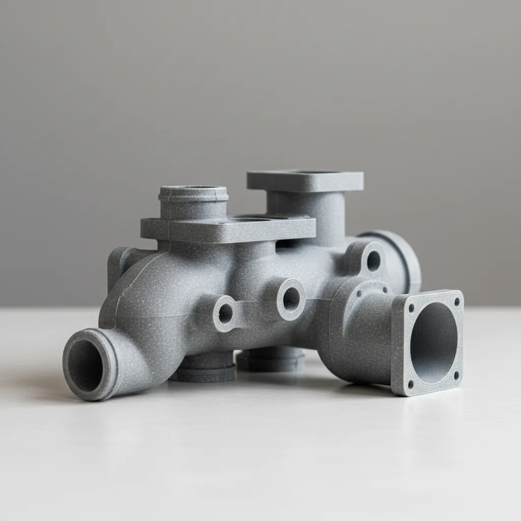 A 3D-printed grey PPS-GF high-temperature manifold part rated to 249C