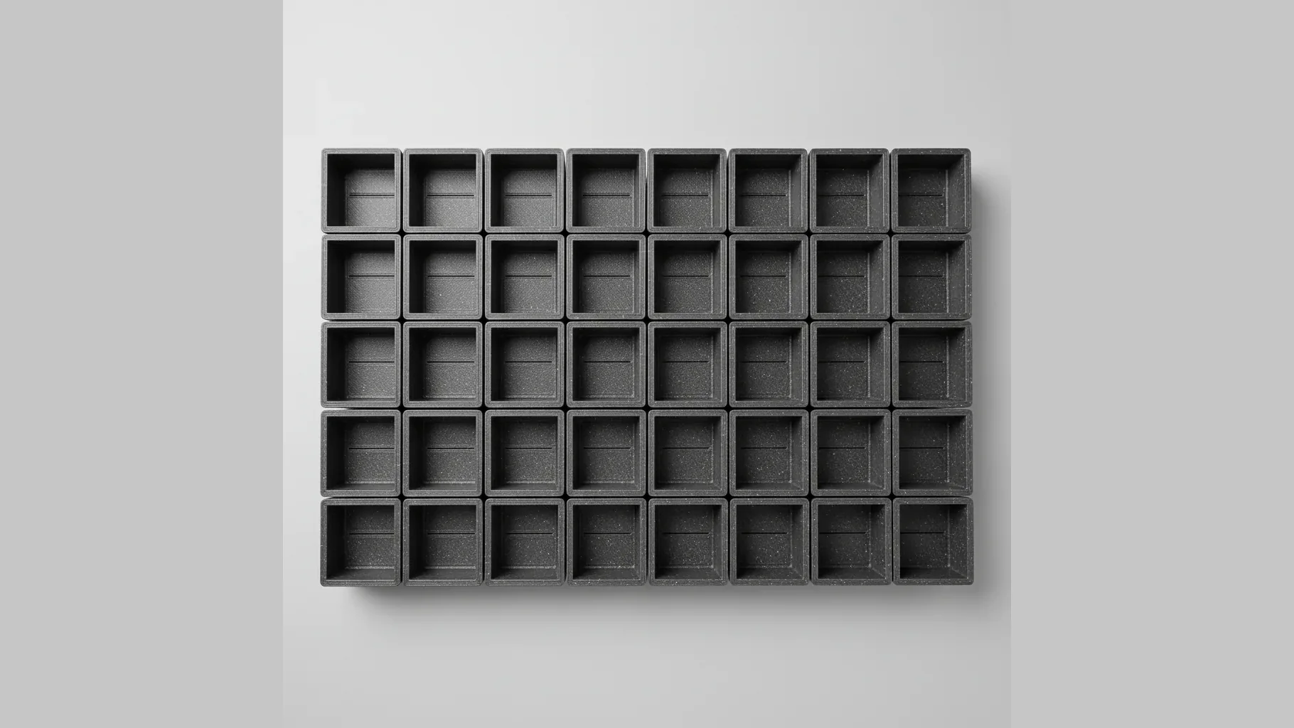 A neat tray of identical grey 3D-printed PPS-GF brackets