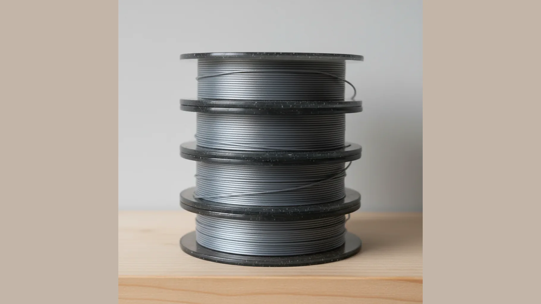 A stack of grey glass-fibre PPS composite filament spools on a shelf