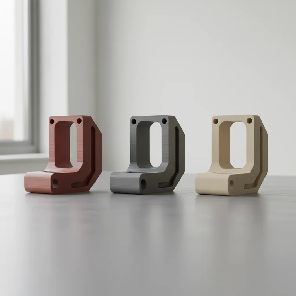 Three identical 3D-printed brackets to compare PPS-GF
