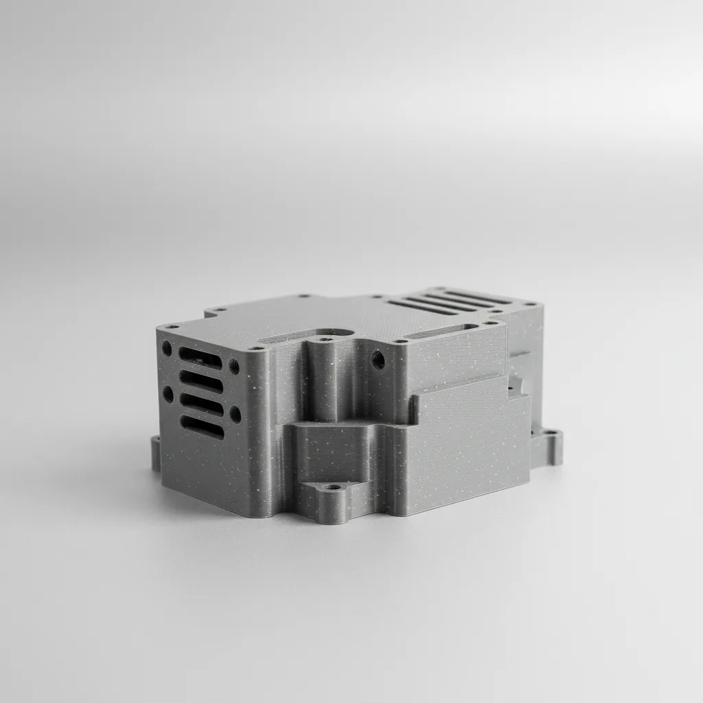 A 3D-printed grey PPS-GF flame-retardant V-0 rated electrical housing