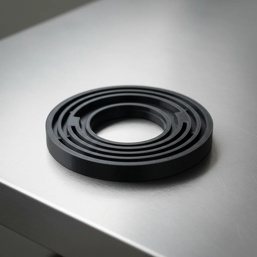 A 3D-printed black flexible TPU flange compression gasket seal ring on a clean bench