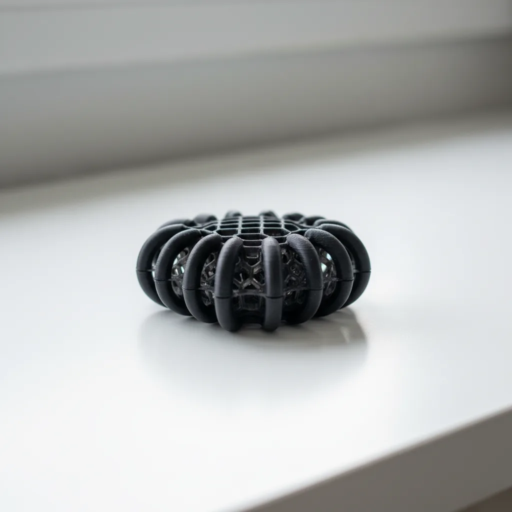 A 3D-printed black flexible TPU drone landing-gear shock-absorbing pad on a clean bench