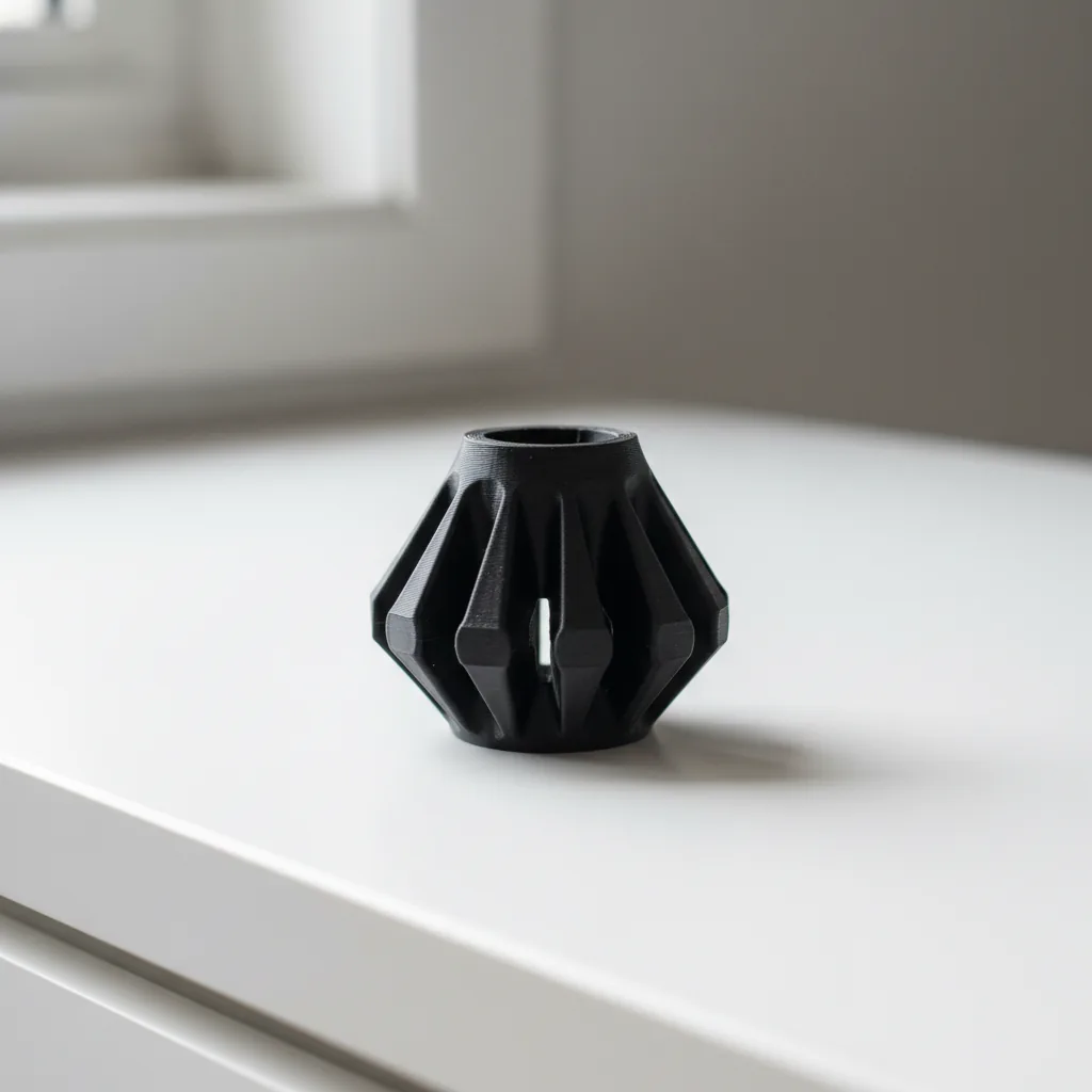 A 3D-printed black flexible TPU machine-foot vibration isolator mount on a clean bench