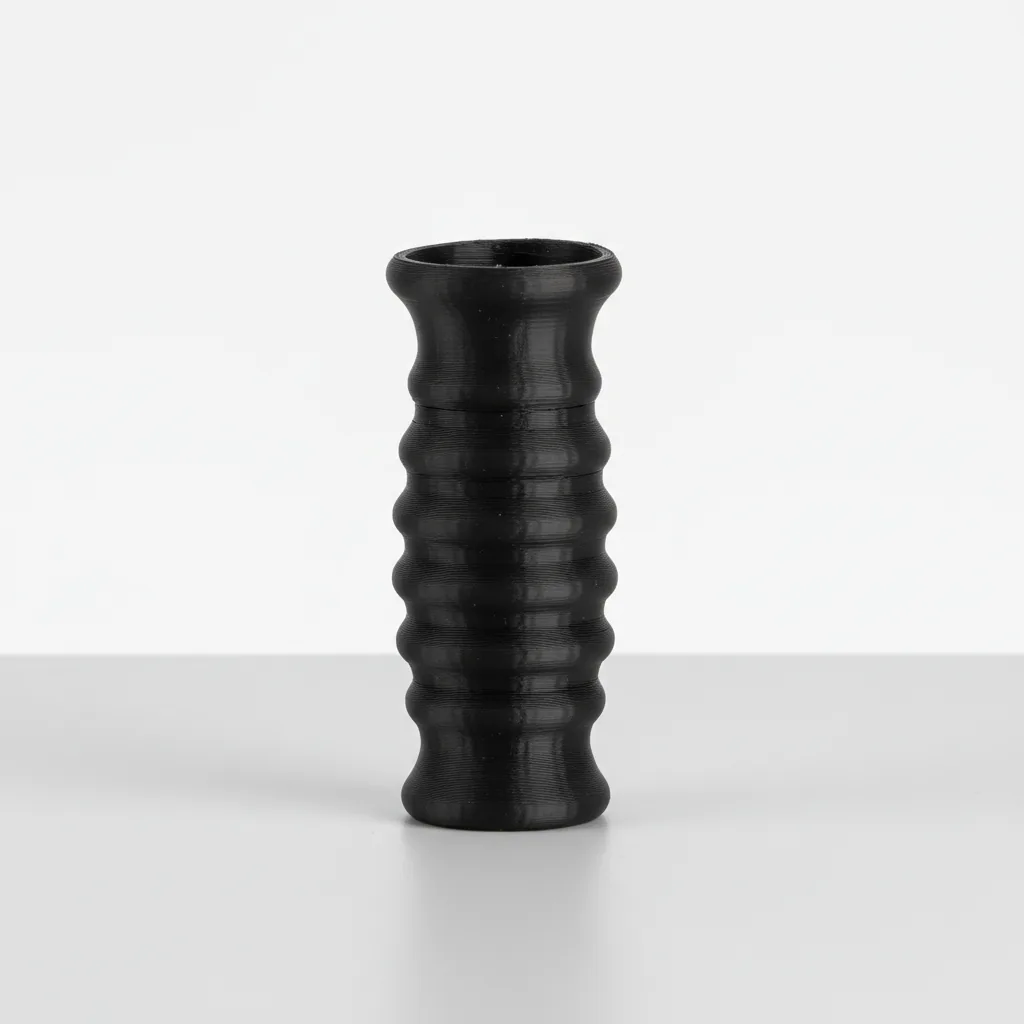 A 3D-printed black soft-touch flexible TPU ergonomic grip cover on a clean bench