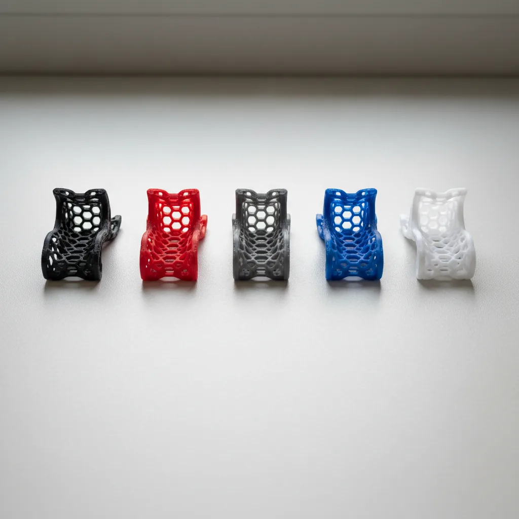 A product photo of five identical small flexible 3D-printed TPU parts in black