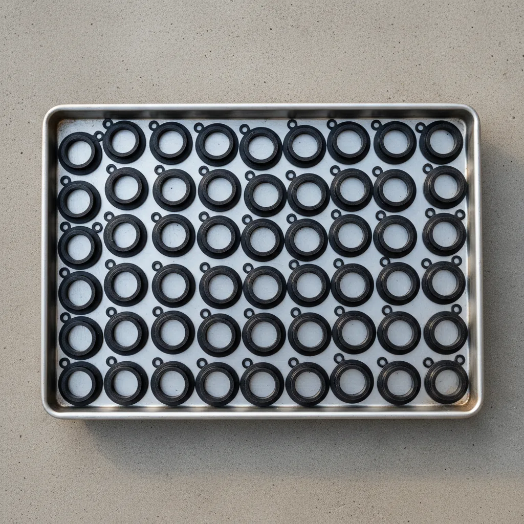 A neat tray of identical small black flexible 3D-printed TPU gaskets