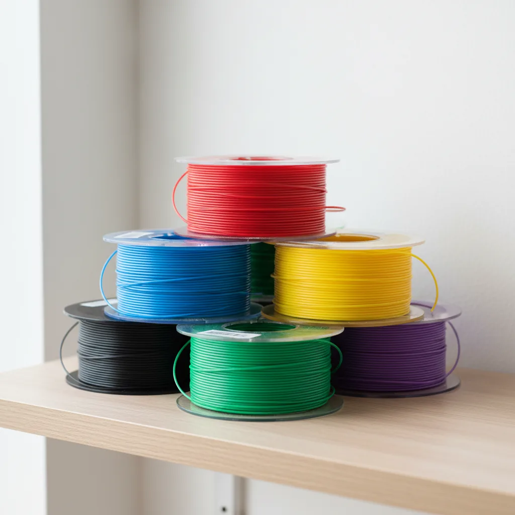 A stack of black and coloured flexible TPU filament spools on a shelf